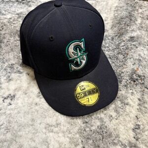 New Era 59FIFTY Seattle Mariners Fitted Hat Navy Blue Grey Underbrim Size 7 3/8